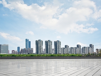 白天城市广场旁外景蓝天
