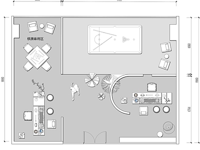 会所休闲娱乐棋牌麻将桌球俱乐部平面图 施工图