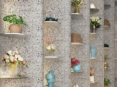现代鹅卵石墙花店置物架 植物墙