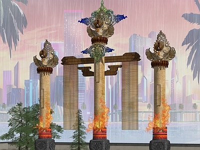 中式凤凰图腾景观柱