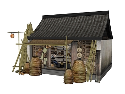 中式古代店铺 篾匠铺 竹筐