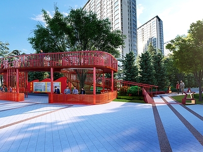 现代红色主题口袋公园 廊架