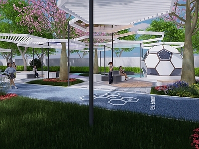 现代口袋公园 休闲廊架 足球 休息空间