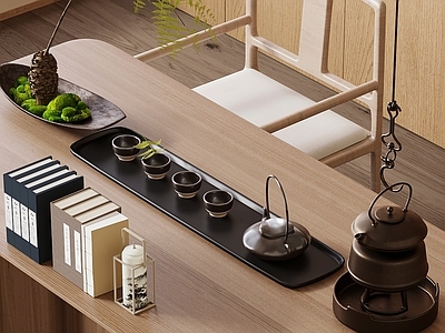 茶具 茶桌椅组合 茶壶 茶杯 茶炉 书籍 盆栽 绿植