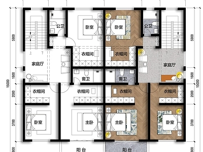 面宽16米兄弟双拼自建房 施工图  三室一厅 平层 彩平图