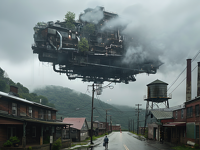 未来科幻风格飞行建筑街道外景