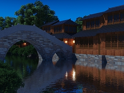 中式建筑 古代建筑 石桥 瓦片屋檐 水面 江南风景 夜景 河岸