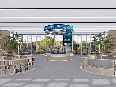 现代图书馆内部大堂 前台包柱 图书馆前台 展示板