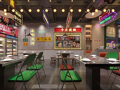 工业风港式火锅店 餐桌椅组合 吊灯 霓虹灯 冰柜 墙饰 餐具