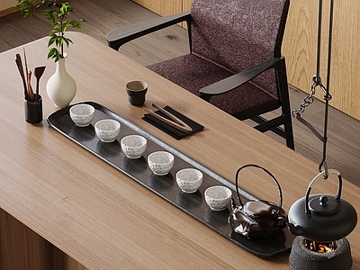 新中式茶具 茶桌椅组合 茶壶 盆栽 餐椅