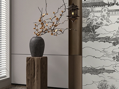 花瓶花艺 摆件 陶罐花瓶 百叶帘 盆景 中式画