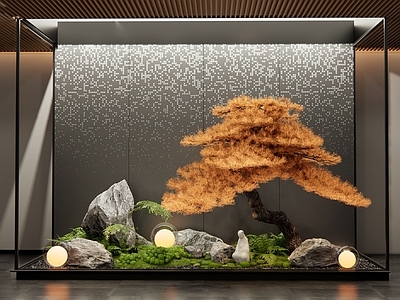 新中式室内松树石头景观 小品 石头 松树 苔藓植物