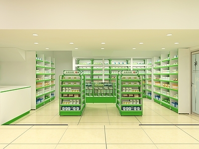 现代药店 药店货架 处方柜 阴凉柜 货架展柜 中药柜 参茸柜 收银台 前柜