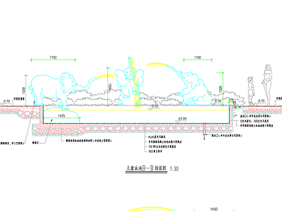 儿童泳池剖面图大象喷水鳄鱼雕塑 施工图 游泳池