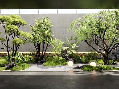 现代下沉天井庭院 室内植物造景 植物堆 景观树 苔藓地形