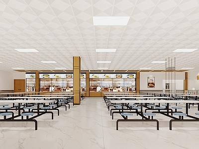 现代食堂 学校食堂 公共餐厅 饭厅 餐桌椅组合 明档 铝扣板吊顶 格栅吊顶