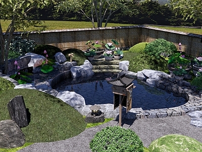 新中式禅意温泉庭园 温泉水景 私汤泡池 户外露天温泉 植物组合 假山水景