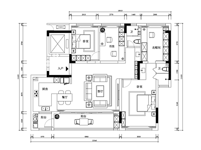 3室1厅户型图 施工图 平层