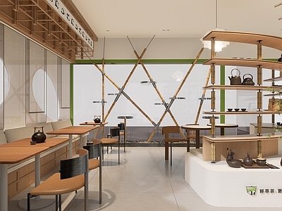 竹元素新茶饮店 咖啡馆 竹椅 原木风奶茶店 熊猫主题