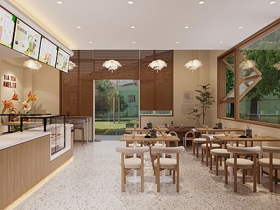 现代奶茶店 咖啡店 餐桌椅组合 吊灯 工作台 餐具 绿植 植物堆 餐牌