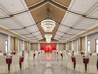 新中式酒店宴会厅 餐桌椅 水晶吊灯