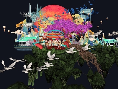 网红打卡国潮古风灯会集市舞台美陈神树仙境浮空岛梦幻仙侠赛博朋克
