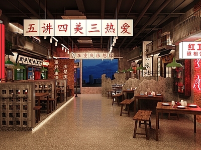 工业风火锅店 烤肉店 实木餐桌椅组合 复古墙饰 吊灯 灯牌 破损墙体