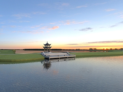 现代风格 乡村河道 沿河平台 亭子