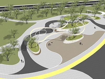 现代曲线口袋公园景观 社区休闲广场 异形种植池 树池座椅 街角公园