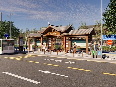 中式风格公交站台 景区公交车站 城市公共交通站点 城市家具