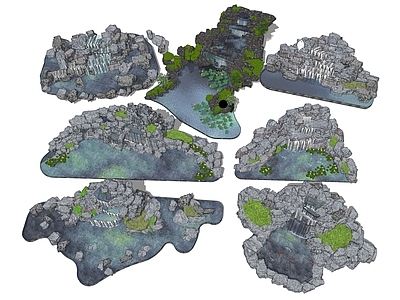 新中式假山水景 园林叠石造景 置石组团 流水叠水跌水小品 瀑布景观 池塘