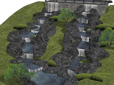 新中式山地公园叠水流水水景 瀑布小品 景石组团 谷溪流