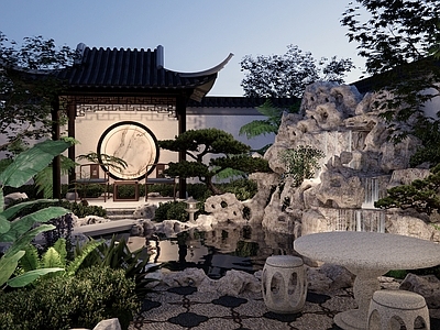 中式别墅庭院 假山叠水松亭子