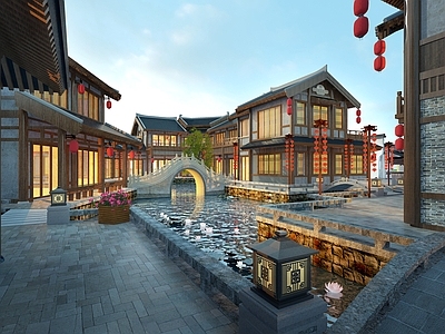中式古镇商业街 沿河商业街夜景 红灯笼 拱桥 拴马桩