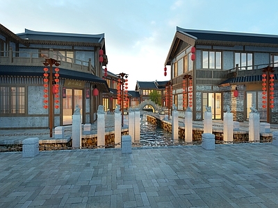 中式古镇商业街 沿河商业街夜景 红灯笼 拱桥 拴马桩