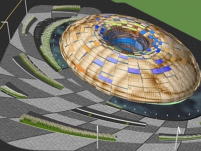 现代椭圆蛋壳造型渐变鳞片展馆建筑 图书馆艺术建筑