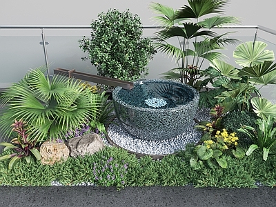 现代室内景观 水 植物堆 植物 流水 水钵