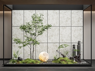 现代室内景观造景 小品 植物组合 石头 杜邦纸背景墙 树