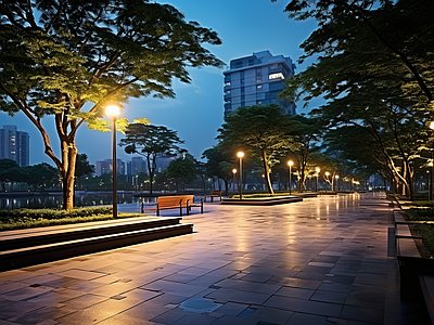 夜晚小区道路外景