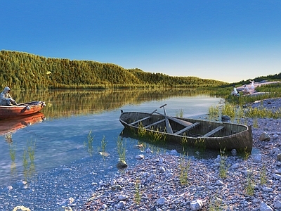 现代秋景 湖泊垂钓场景 生态 钓鱼人 湿地公园 山脉 湖 溪流 木船