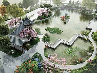 新中式园林小公园 景观水池 亭廊