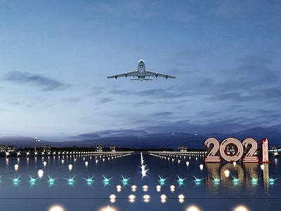 现代机场广场 跨年机场片头 飞机 灯塔 水面 年份牌 房子