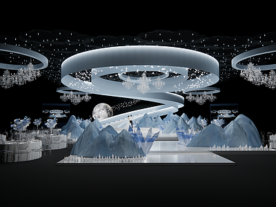 现代婚礼宴会厅 蓝白色梦幻雪山星辰美陈
