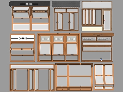 现代木制折叠窗 网红咖啡店门窗 商业街餐饮店铺门头门脸 遮阳棚 创意门窗