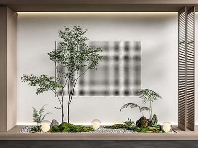 现代室内景观造景 小品 植物堆 树 蕨类植物 石头 鹅卵石