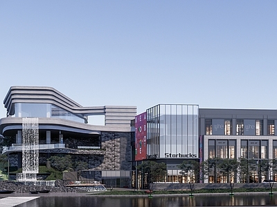 现代商场建筑 沿街示范区景观 沿街商业景观 跌水景观 生态停车场