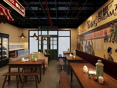 工业复古怀旧风烧烤店 烤肉店 实木餐桌椅组合 餐具 冰箱 餐厅鱼缸