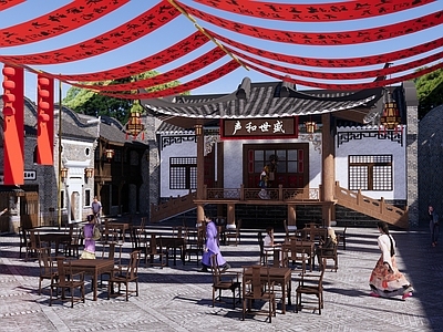 中式旅游古镇戏曲戏台 乡村传统戏楼 红灯笼 坝坝茶 文化广场 帷幔红帐