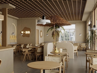 侘寂风奶茶店 咖啡厅 实木餐桌椅组合 遮阳伞 餐厅工作台 吊灯 卡座区