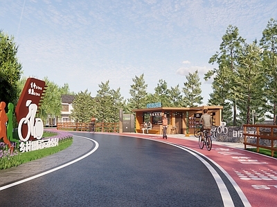 中式美丽乡村街道 乡村骑行驿站 乡村 住宅 公园 驿站服务点